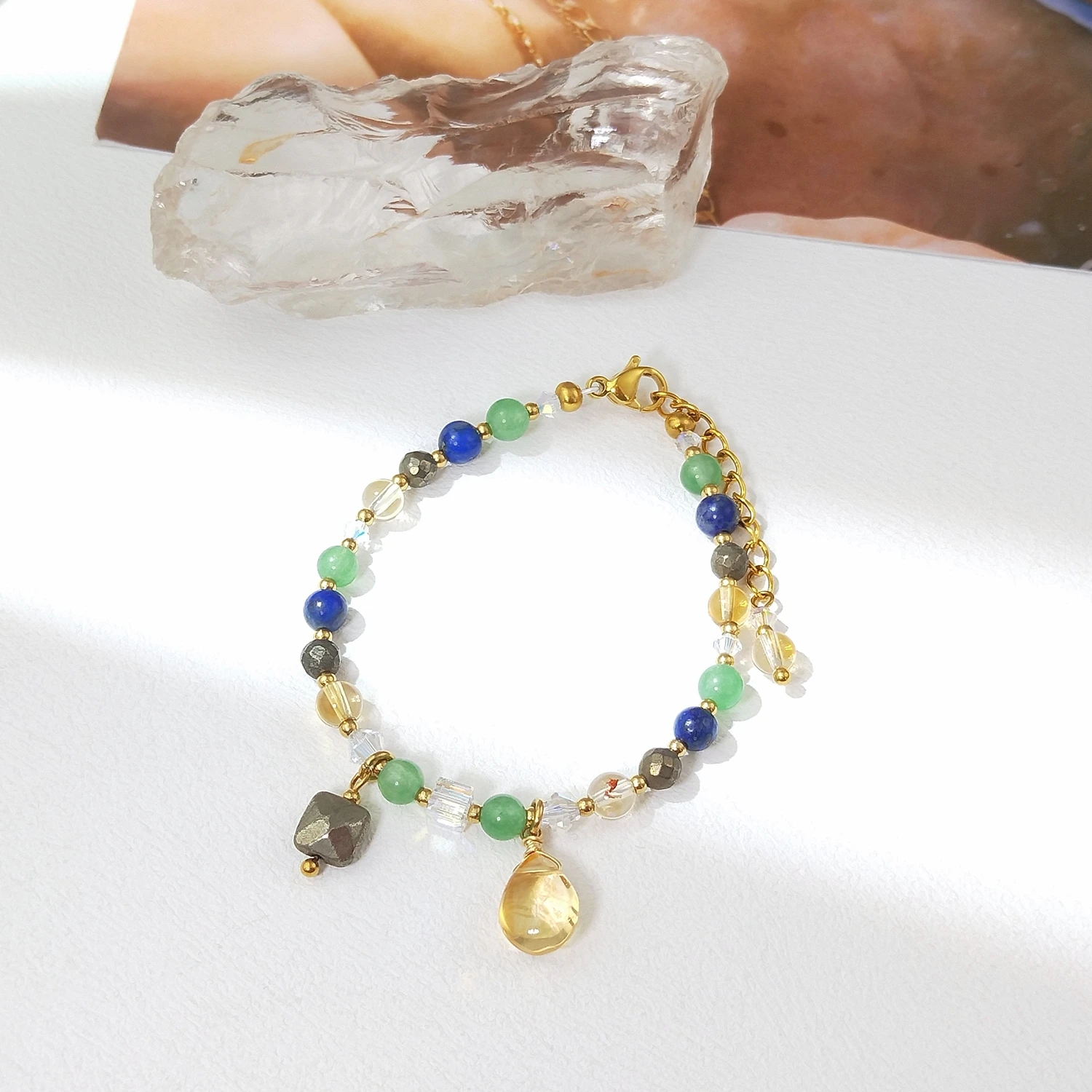 

Lii Ji натуральный зеленый авантюрин цитрин пирит лазурит 4 мм браслет ручной работы из нержавеющей стали модные украшения