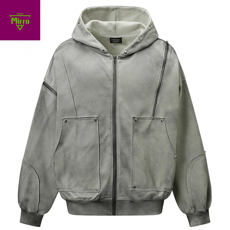 

Men's Vintage Hoodies Zipper Rivet Patchwork Hooded Sweatshirts Streetwear Harajuku Oversized Hip Hop Hoodies Jackets