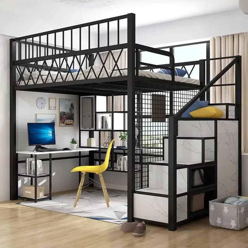 Modern Simple Wrought Iron Pavilion Bunk Bed, Multi-functional Space Saving Raised Bed For Small Apartment Bedroom Furniture