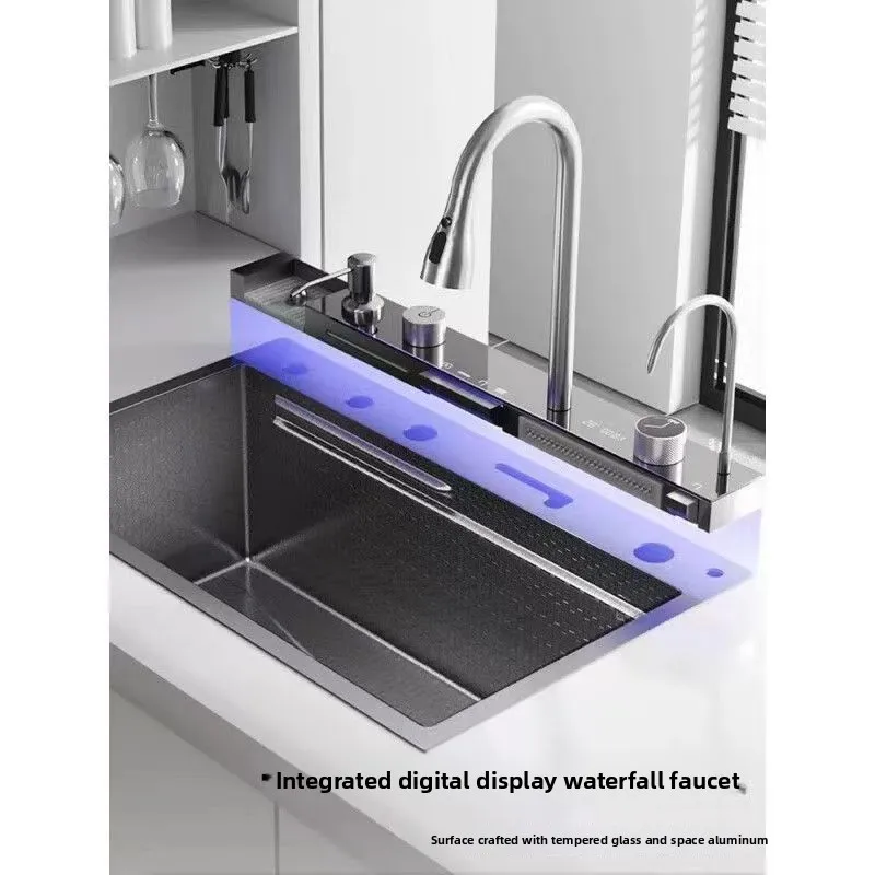 

Multifunctional digital display stainless steel nano thick whale kitchen sink waterfall single bowl for cross border supply