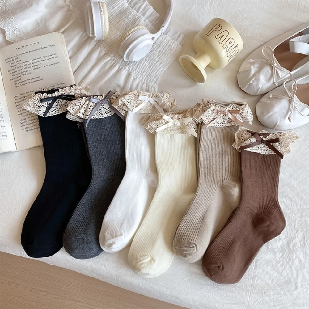 

Retro Girls Gift Middle Tube Socks Cotton Knitted Bow Lace Women Socks Keep Warm Solid Color Snow Boot Socks Autumn Winter