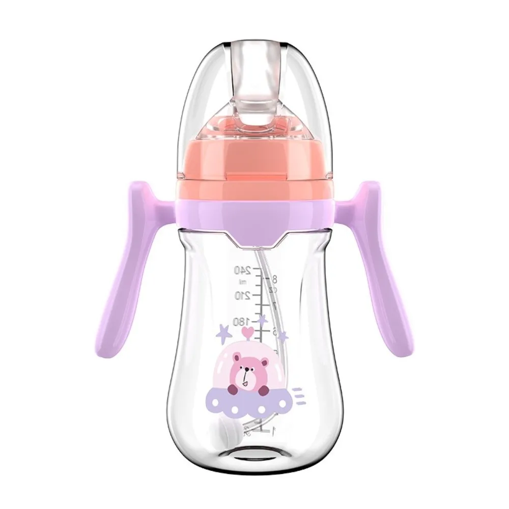 180 مللي/240 مللي زجاجة المحمولة مع مقبض كوب ماء مكافحة الانتفاخ مكافحة السقوط سيليكون زجاجة بقشة تغذية العرض