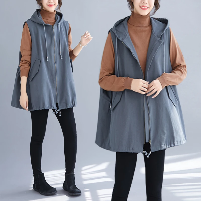 

SuperAen Oversize Casual Loose Hooded Vest 2025 Autumn New Korean Style Zippers Solid Color Fashion Sleeveless Coats
