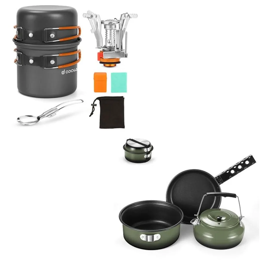 

Bundle - 2 Items 6pcs Camping Cookware Mess Kit and 5pcs Camping Cookware with Kettle