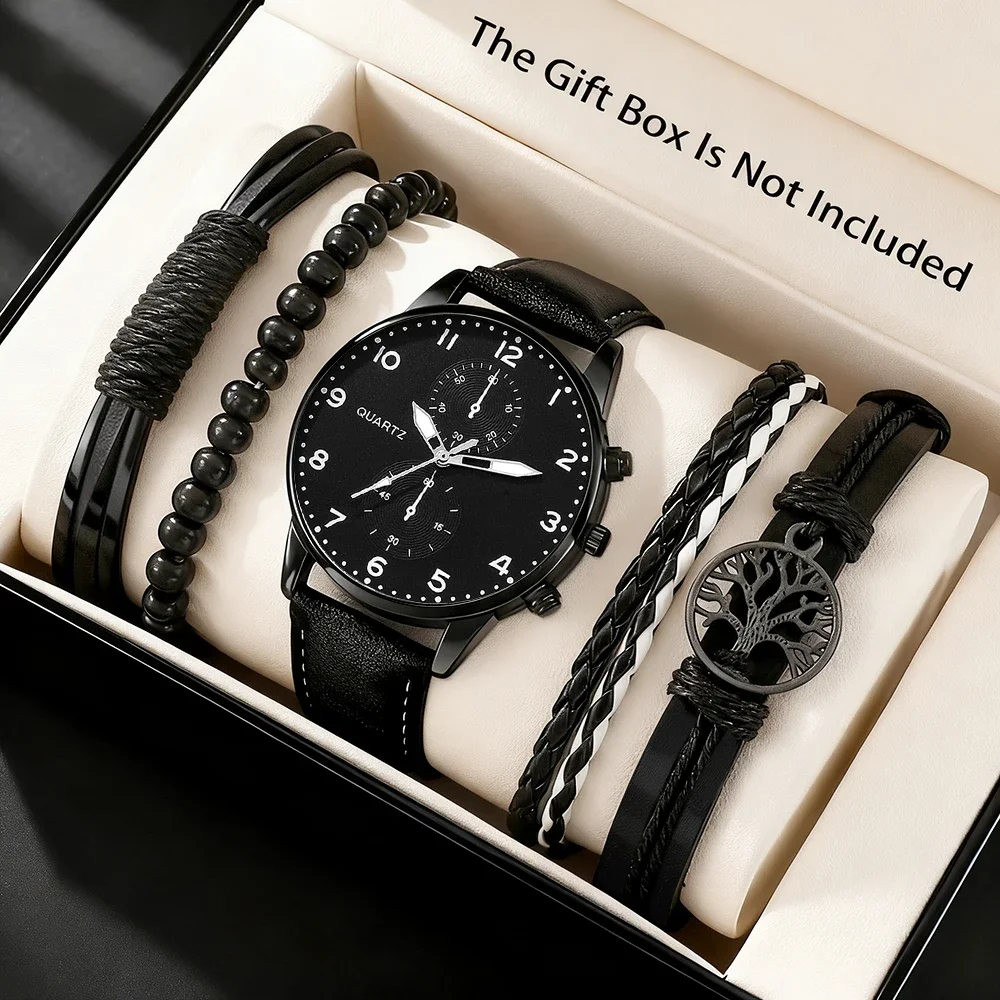 1pc men's casual fashion watch+4pc accessory set handsome dial+textured strap for daily matching, a good choice for gifts