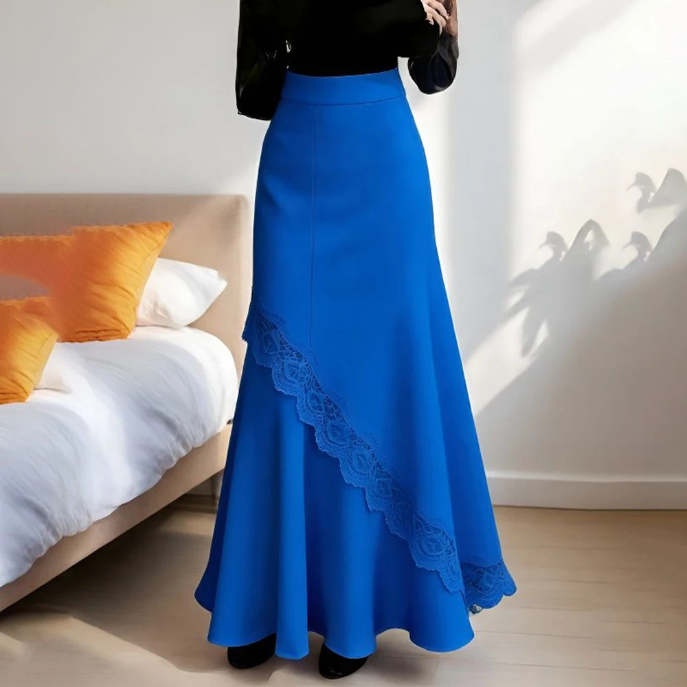 Blue lace skirt spring new French style women's senior age reduction design unique and beautiful a-word skirt