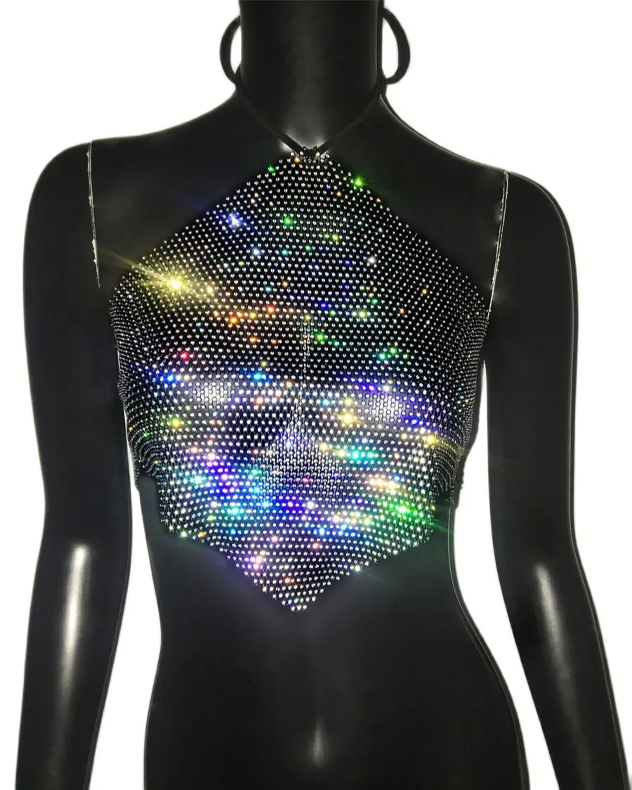 Fishnet Glitter Rhinestone Crop Top Sexy Hollow Out Mesh Backless Women Beach Y2K Camis Crystal Diamond Club Rave Party Tank Top