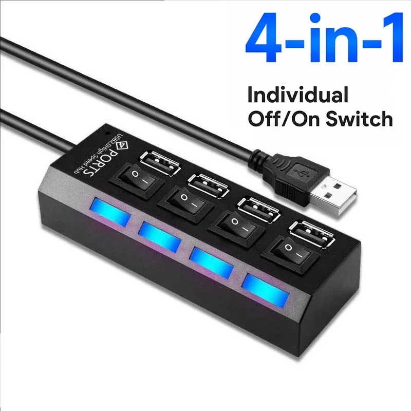 USB Extension Hub 4-Port Adapter With Independent ON/OFF LED Switch Control For Laptops Flash Drive Printer Camera Keyboard Kit