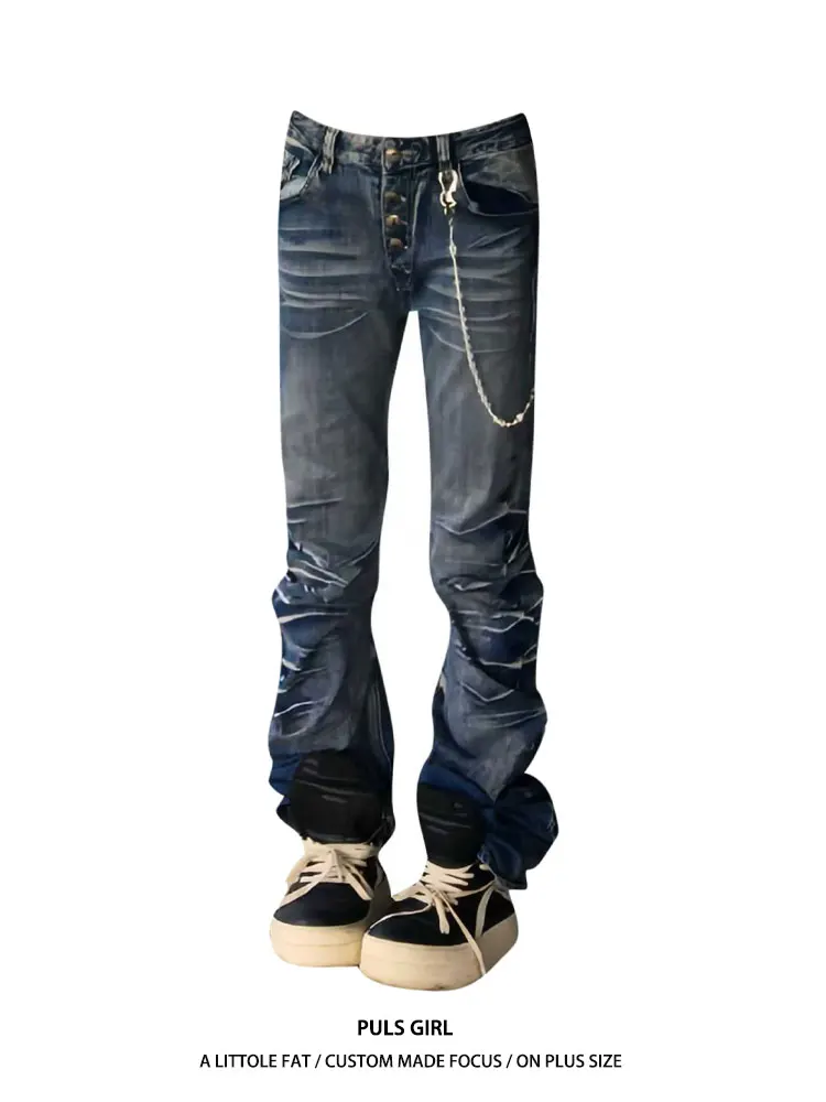 

Джинсы-клеш с высокой талией для женщин больших размеров, в американском уличном стиле, с эффектом потертости и рваными элементами, в стиле ретро, повседневные брюки