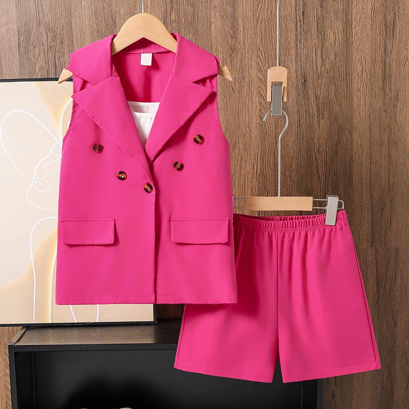 Traje informal de verano para niñas de 8 a 12 años con chaleco con tirantes, chaqueta, pantalones cortos de cintura elástica, conjunto de botones y bolsillos decorativos