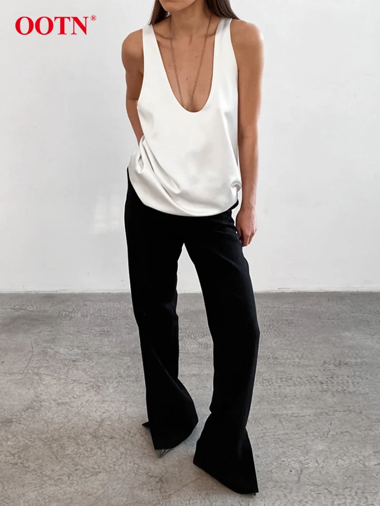 OOTN Fashion Loose White Satin Tops Vests Women 2024 Summer Black U-Neck Sleeveless Tops Casual Solid Party Sexy Tops Streetwear