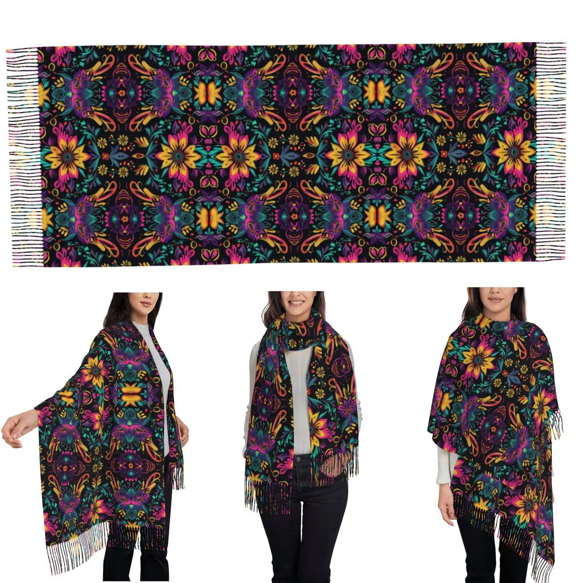 Colorful Mexican Pattern Traditional And Festive Scarf Tassel Scarves for Women Soft Warm Shawls and Long Fall Winter Shawl Wrap