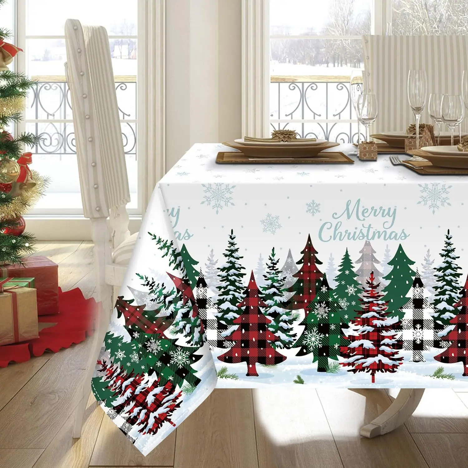 Christmas Trees Snowflakes Buffalo Plaid Tablecloth for Table Decor Winter Xmas Kitchen Dining Table Cloth Christmas Decorations