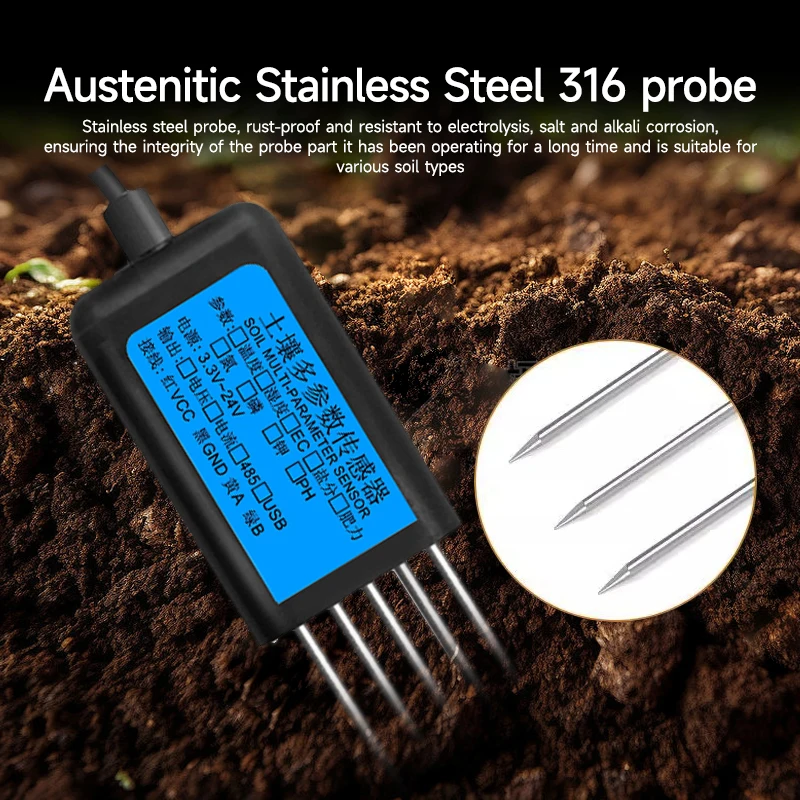 7-in-1 Soil Sensor: Moisture Temperature EC PH NPK Tester with RS485/4-20mA/0-5V Output for Agriculture Greenhouse