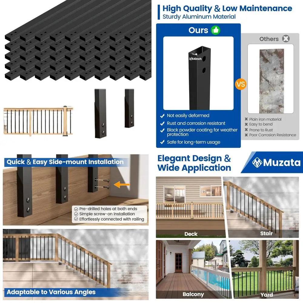

32 Aluminum Rectangular Deck Balusters with Screws for Face Mount Railing - Suitable for Wood and Composite Fencing