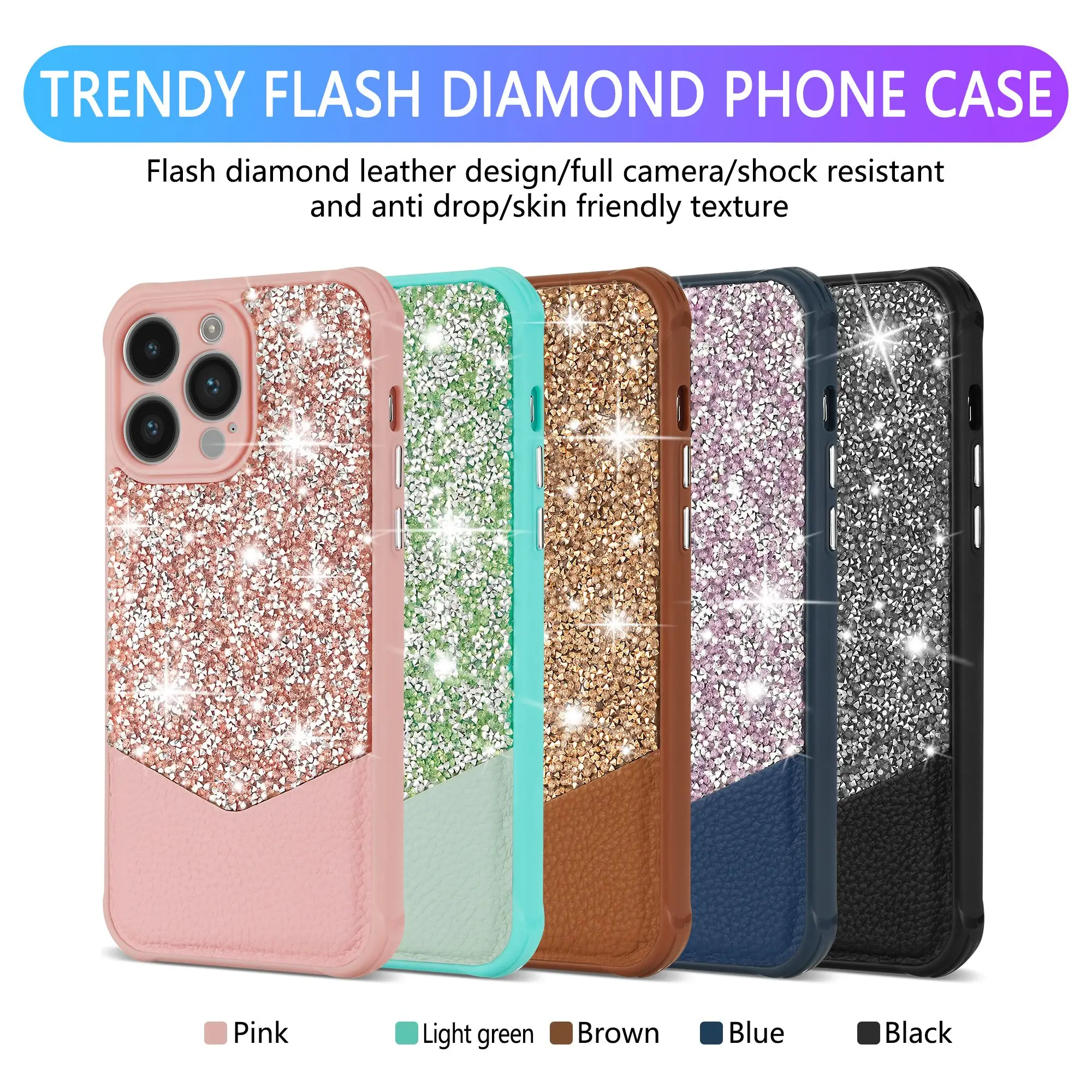 

Diamond Splicing luxurious PU leather Glitter Cases For iPhone 11 12 13 14 Pro Max X XS XR 8 7 Plus SE Soft Shockproof Cover