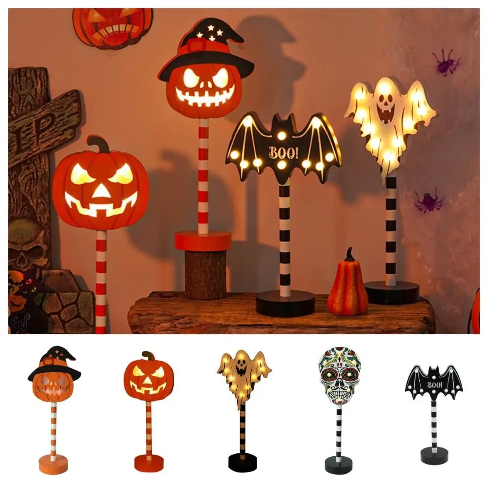 Atmosphere Lamp Halloween Wooden Night Light LED Pumpkin Ghost Festival Modeling Lamp Bats Ghost Skull Pumpkin Ornament Lantern