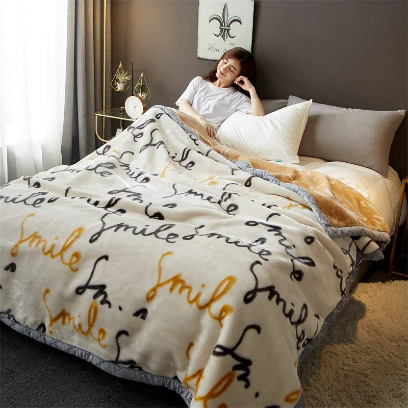 Thickened Double Sided Raschel Flannel Blanket for Bed Letter Printed Warm Weighted Winter Blanket High End Soft Plush Comforter