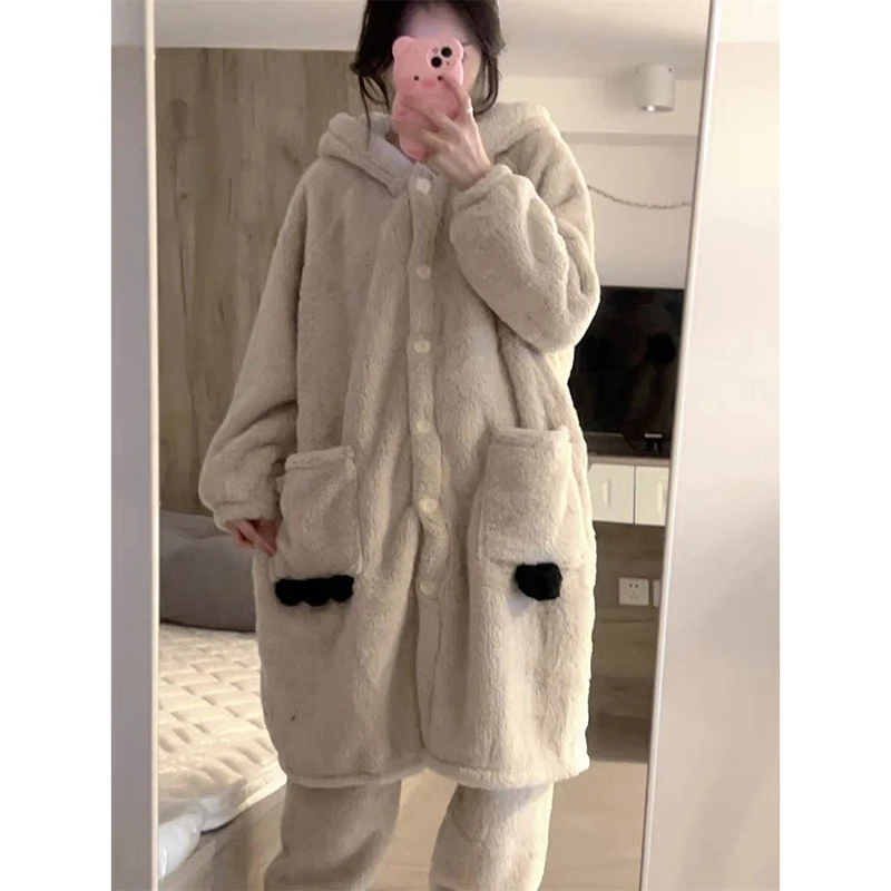 

Cute Robe for Women Sleepwear Nightdress Winter Night Wear One Piece Fleece Pajama Sets Pocket Nightgown Button 2 Piece Homewear