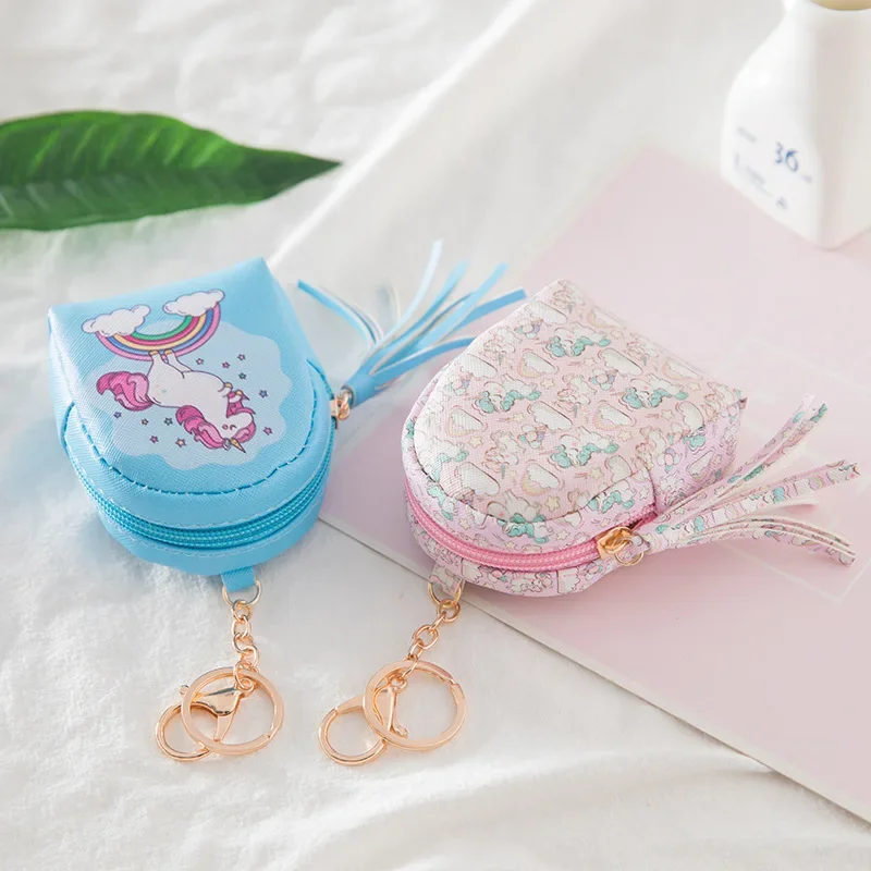 Mini porte-monnaie en cuir PU pour femmes et filles, sac à main licorne de dessin animé, sac à clés, écouteurs, petit portefeuille pour enfants avec pendentifs porte-clés