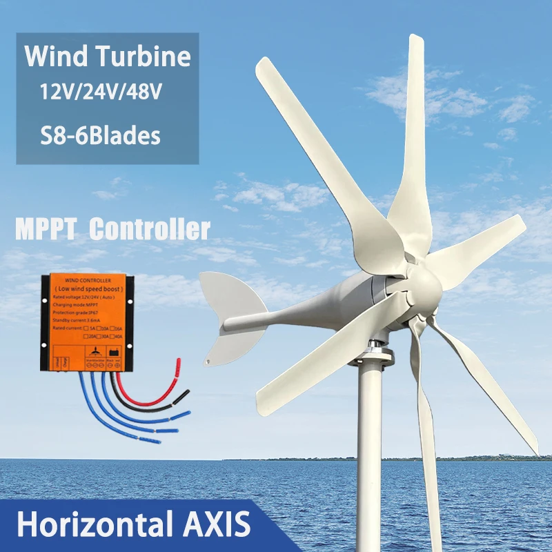 8000W Wind Turbine 12/24/48v Generator Low Start Windmill Speed Free Alternative Energy 6 Blades With MPPT Hybrid Controller