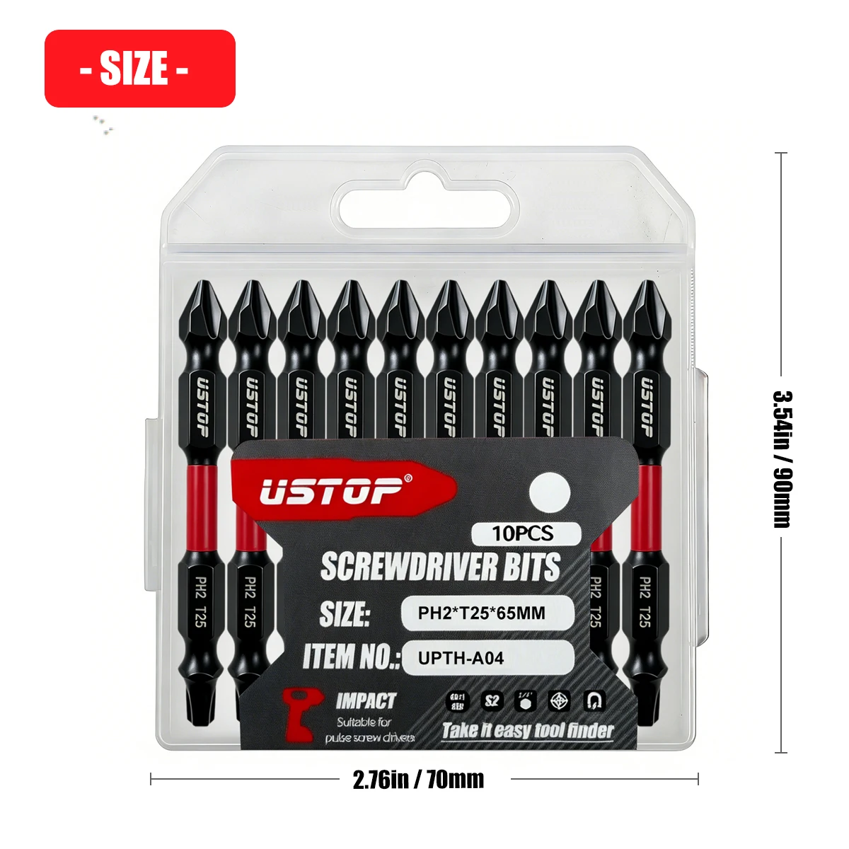Ustop, 10-Piece Set of 65mm Magnetic Dual-Head Ph/Sq/Torx/Pz2/Sl6 Screwdriver Bits, Universal 1/4 Hex Shank, Durable, with Exquisite Storage Box, S2 Steel, Compatible with Power Tools, for Screw Installation and Removal