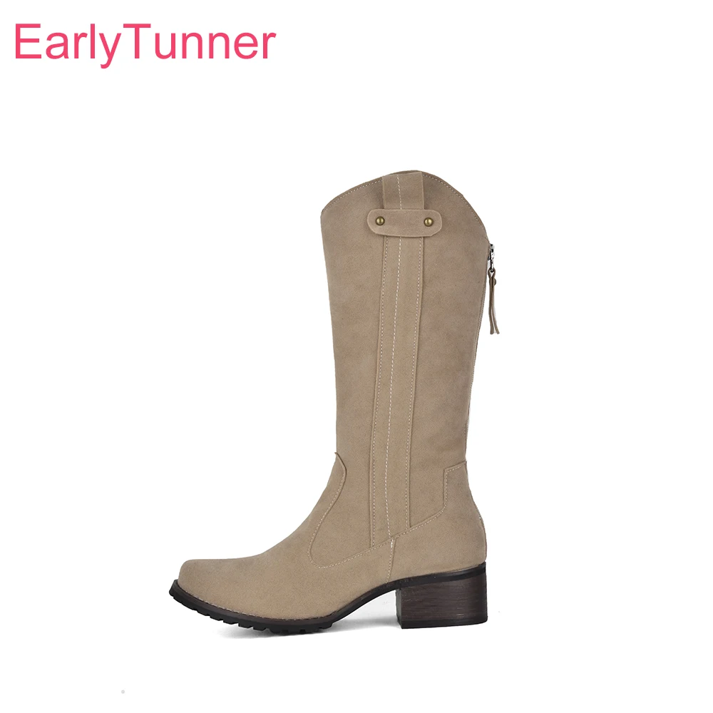 2026 Winter Comfortable Women Riding Boots Mid Calf Round Toe Med Chunky Heels Lady Shoes Large Small Size 12 33 43  47