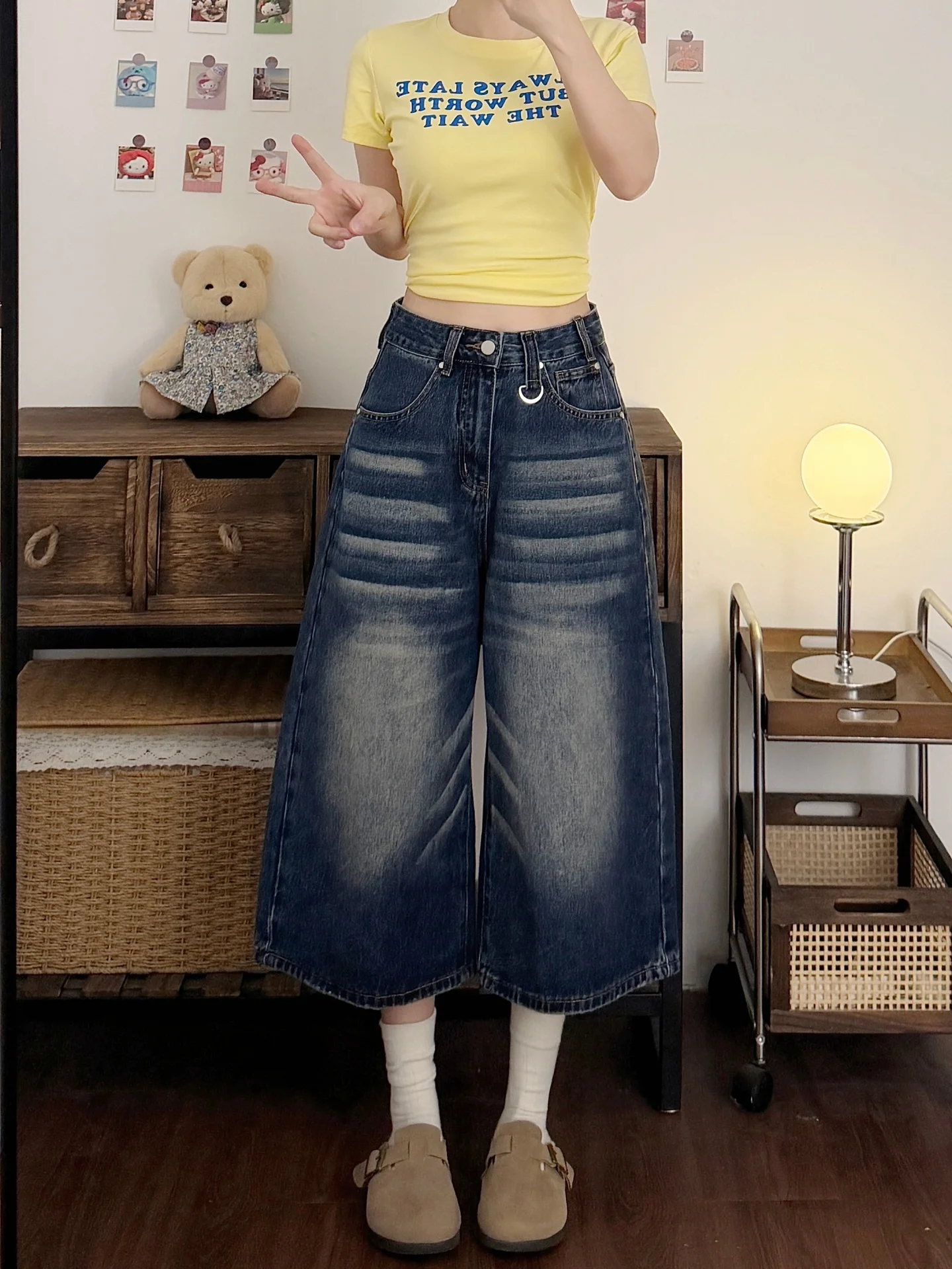 Blue High Waist Wide Leg Seven-Five Jeans Women's Summer 2026 New American Loose Slim Casual Versatile Mid-Length Pants