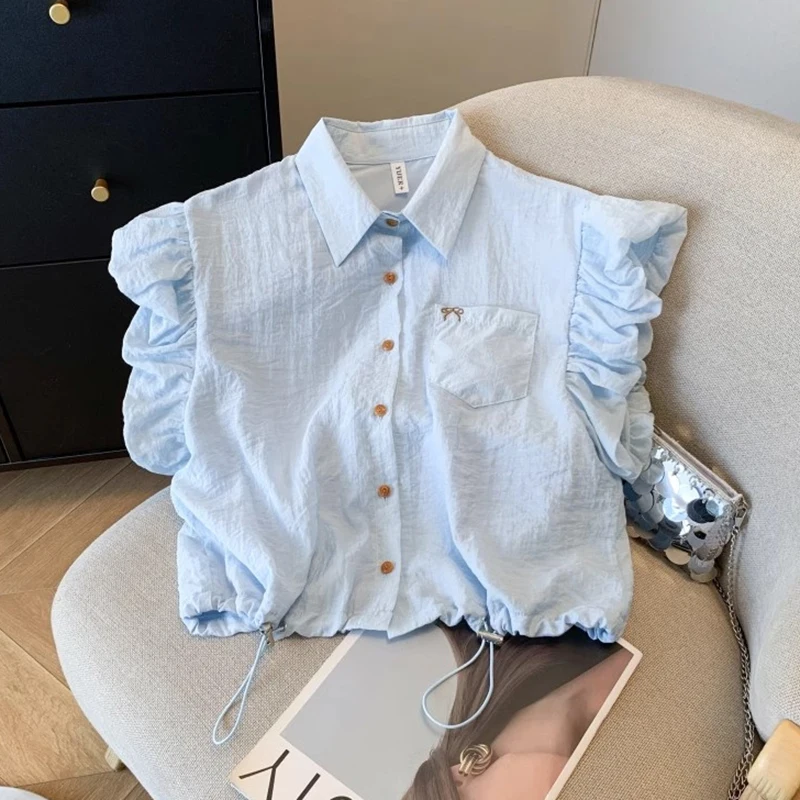 

French Fashion Casual Women Shirt All Match Cute Sweet Simplicity Turn Down Collar Shirts Lightweight Single Breasted Chic Tops