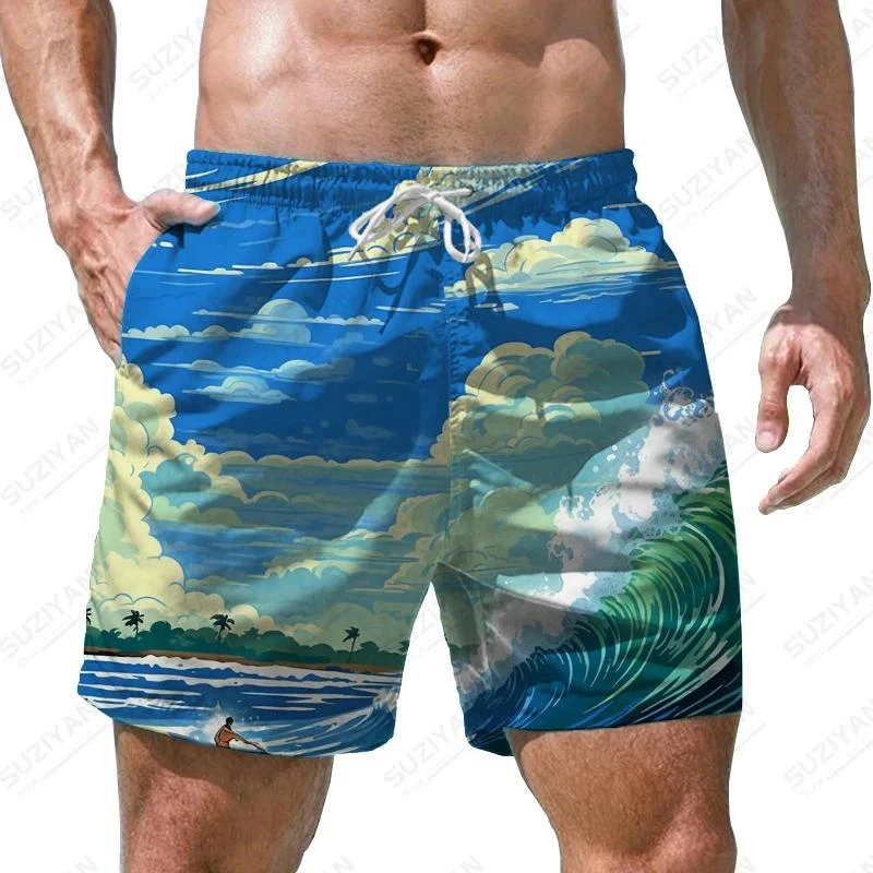 Sea Wave Pattern 3D Print Men's Shorts Quick Dry Swim Shorts Casual Beach Pants Oversized Sports Shorts Trend Men Clothing