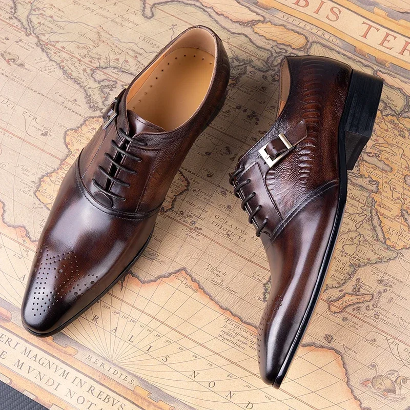 Male Genuine Leather Social Shoe Oxford Elegant Man Dress Shoes Black Coffee Hand Coloring Lace-up Pointed Party Wedding Shoes