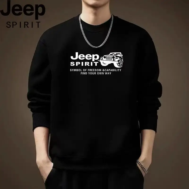 JEEP Black American Trendy Men's Sweatshirt - New Design, Loose Fit, Round Neck, Fleece Lining for Spring and Autumn