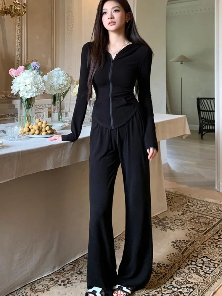 

Korean Tracksuit Women 2 Piece Set High Street Hooded Zipper Jacket Drawstring Wide Leg Flare Pants Casual Fashion Outfits Suit