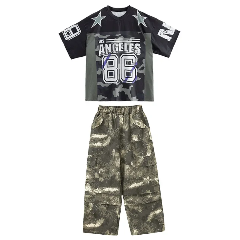 Jungen Hip Hop Tanzkostüm Kinder Armee Grün Top Camouflage Cargohose für Kinder Mädchen Jazz Street Performance Kleidung