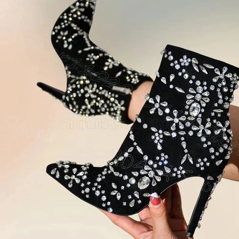 Crystal Flower Rose Red Pointed Toe Boots Side Zipper Women Shoes Thin High Heels Party Banquet Dating 2026 Zapatos Para Mujere