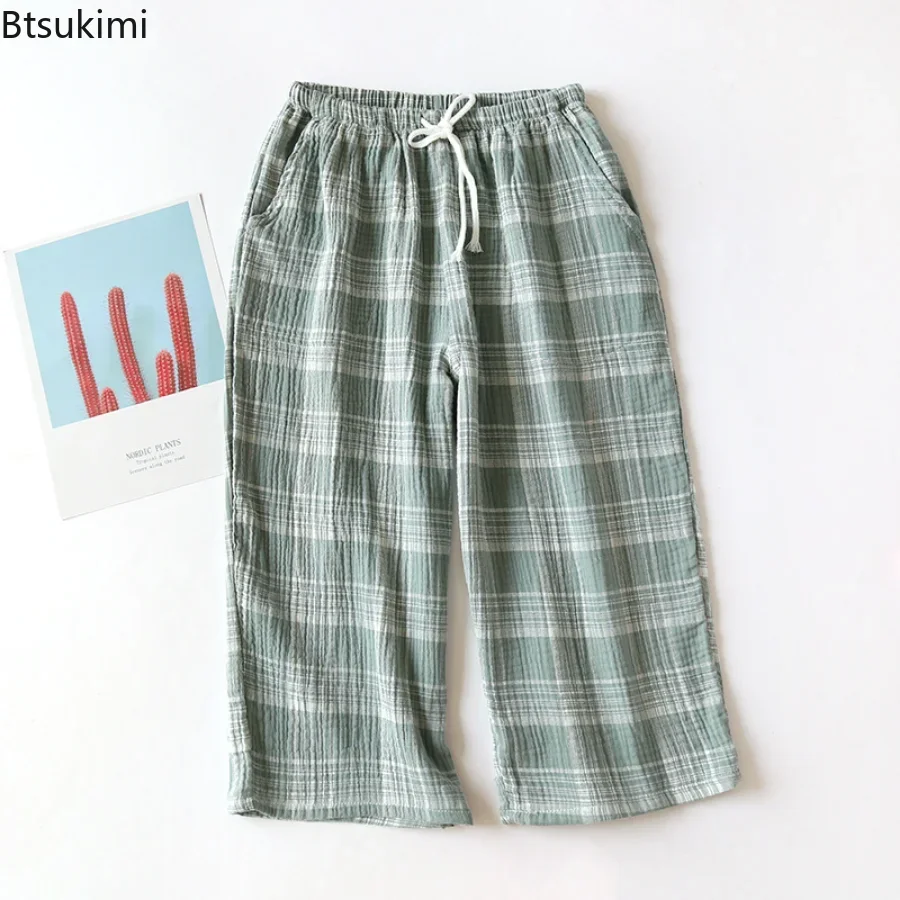 2024 Men's Casual Plaid Shorts Pants Pajamas Cotton Gauze Sleepwear Pijamas Men Bathrobe Nightwear Soft Home Pants for Summer