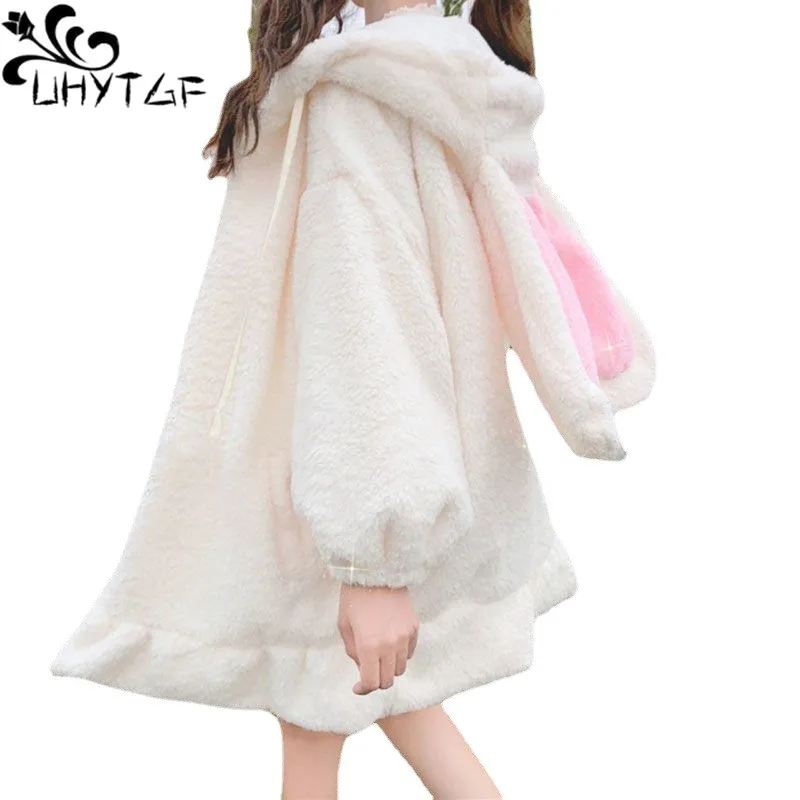 

Hoodies Women Large Size Lambskin Zip Long Coat Hooded Rabbit Ears Lolita Cute Sweet Girls Harajuku Warm Sweatshirts Female 2792