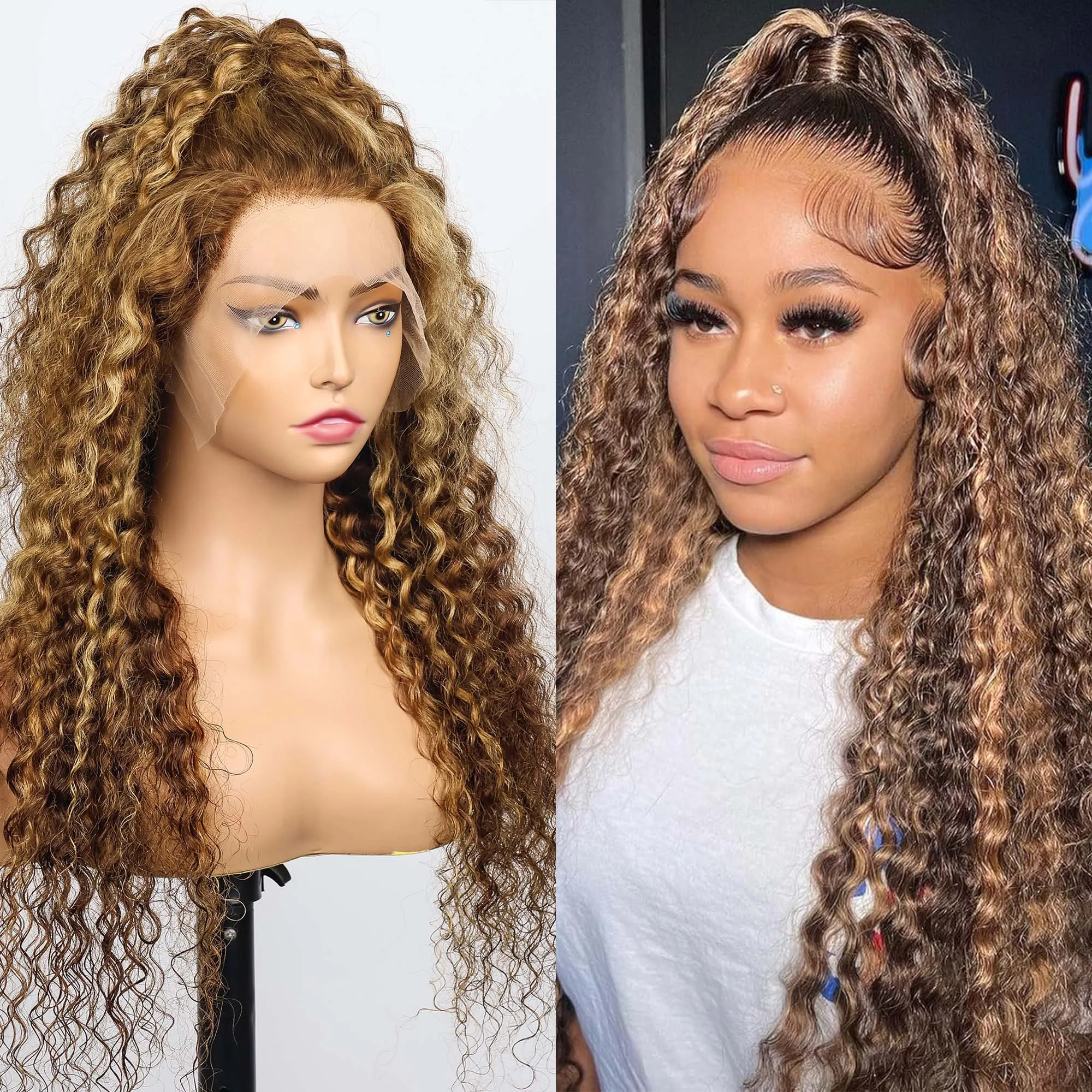 

HD 13x6 Highlight Wig Human Hair Honey Blonde Brown Color Lace Front Wigs Deep Curly Wigs Human Hair Water Wave Lace Frontal Wig