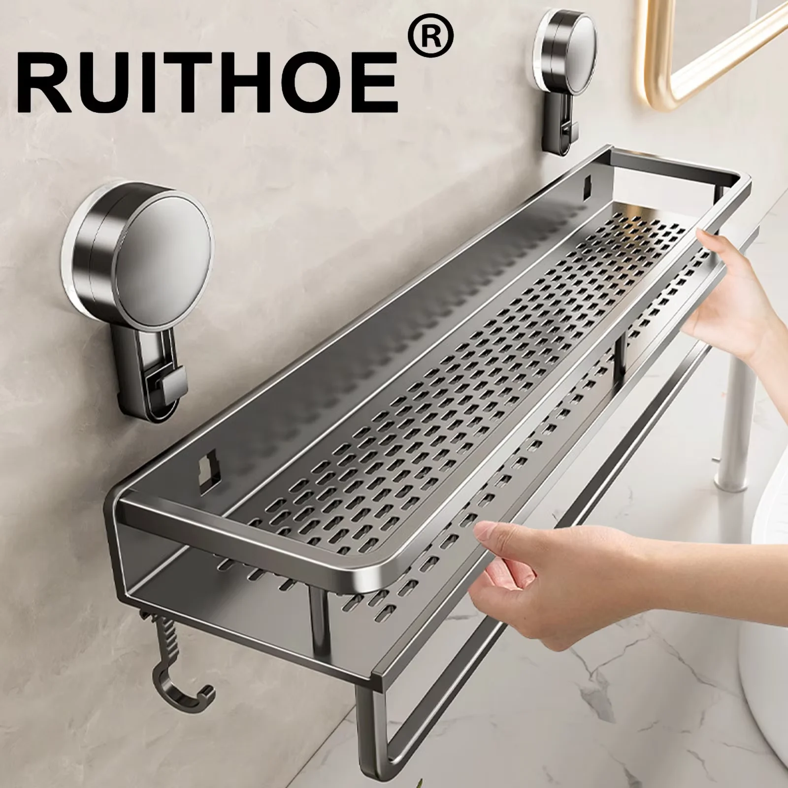 No Punch Wall Mount Shower Rack Space Aluminum Suction Cup Bathroom Rack Large Capacity Strong Load Bearing Storage Shelf