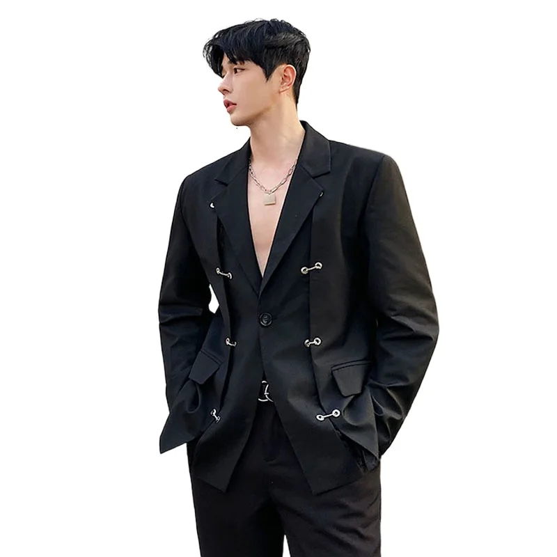 Men\'s Sexy Splice Lace Metal Chain Buckle Casual Black Suit Jacket Blazers Man Streetwear Vintage Suit Coat Stage Clothing