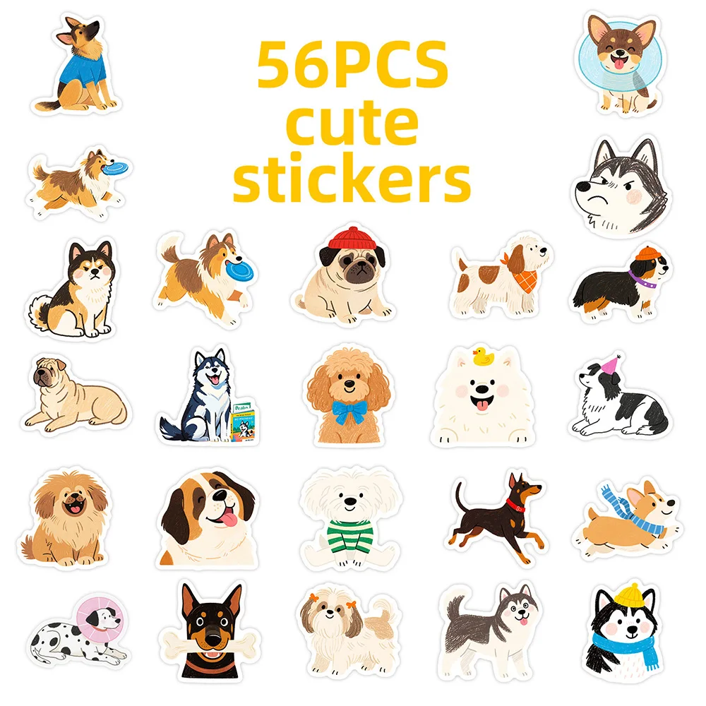 56PCS Hand Drawn Dog Cartoon Graffiti Stickers Cute Pet Notebook Computer Decoration Stationary Pencil Stickers