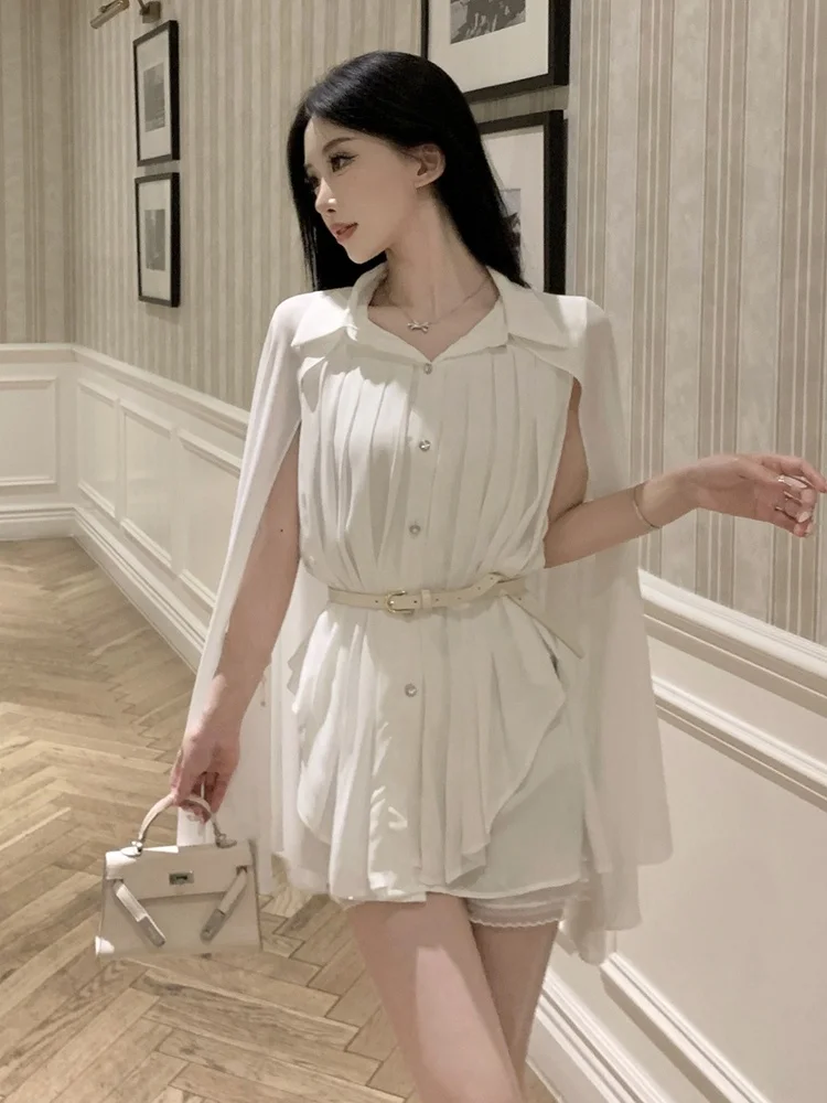 Ele White ort awl Coat Pleated Chiffon irt Design Waist-Cinching Belt Included French Sle Loose Fit Spring irt