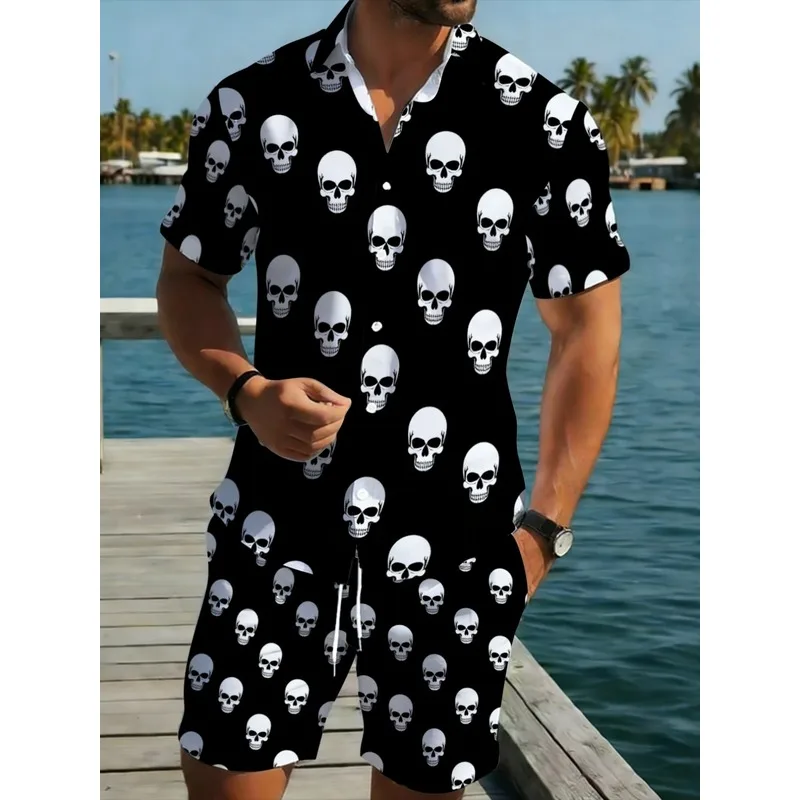 Men's Casual Short Sleeve Shirt Pants Set Skull Print Polyester Black Base White Skull Beach Outdoor Comfort Outfit