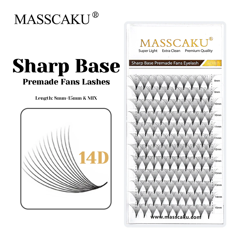 

MASSCAKU 12 Lines Wispy 20D Thin Pointy Sharp Base Premade Fans Eyelash 0.05/0.07mm Thickness Narrow Root Thin Stem Lashes Trays