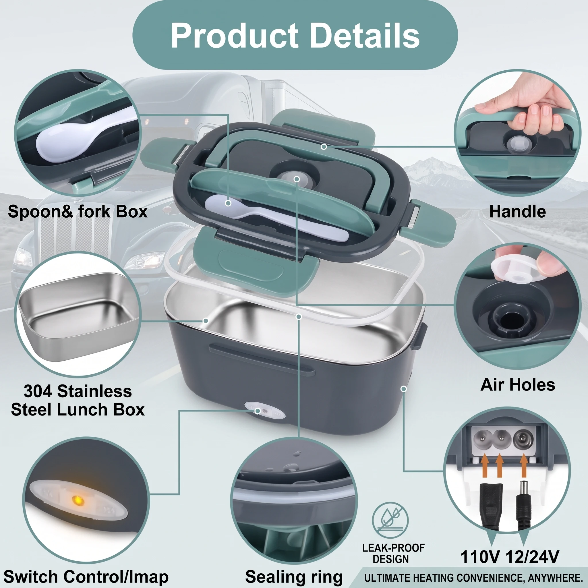 1.5L Electric Lunch Box 60W Food Warmer Heater Car Home Dual Voltage Leakproof 304 Stainless Steel Portable Container view 6