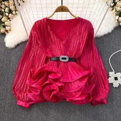 2024 New Tide Fashion High Quality Solid V Neck Belt Ruffles Patchwork Slim Blouse Women Basics Shirt Tops