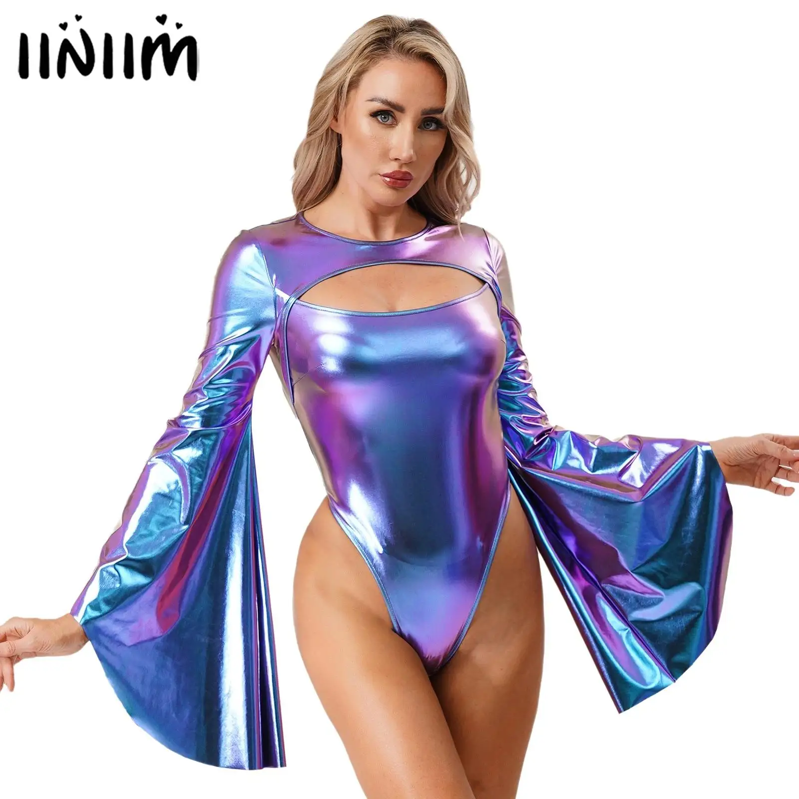 

Women Halloween Theme Party Jumpsuit Metallic Leotard Back Invisible Zipper Cutout Front Bodysuit Carnival Rave Club Costume