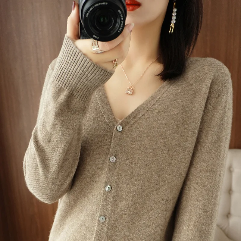 Rimocy Basic V Neck Sweter z jednym kołnierzem dla kobiet Koreański sweter z dzianiny z długim rękawem w jednolitym kolorze Dzikie kardigany damskie