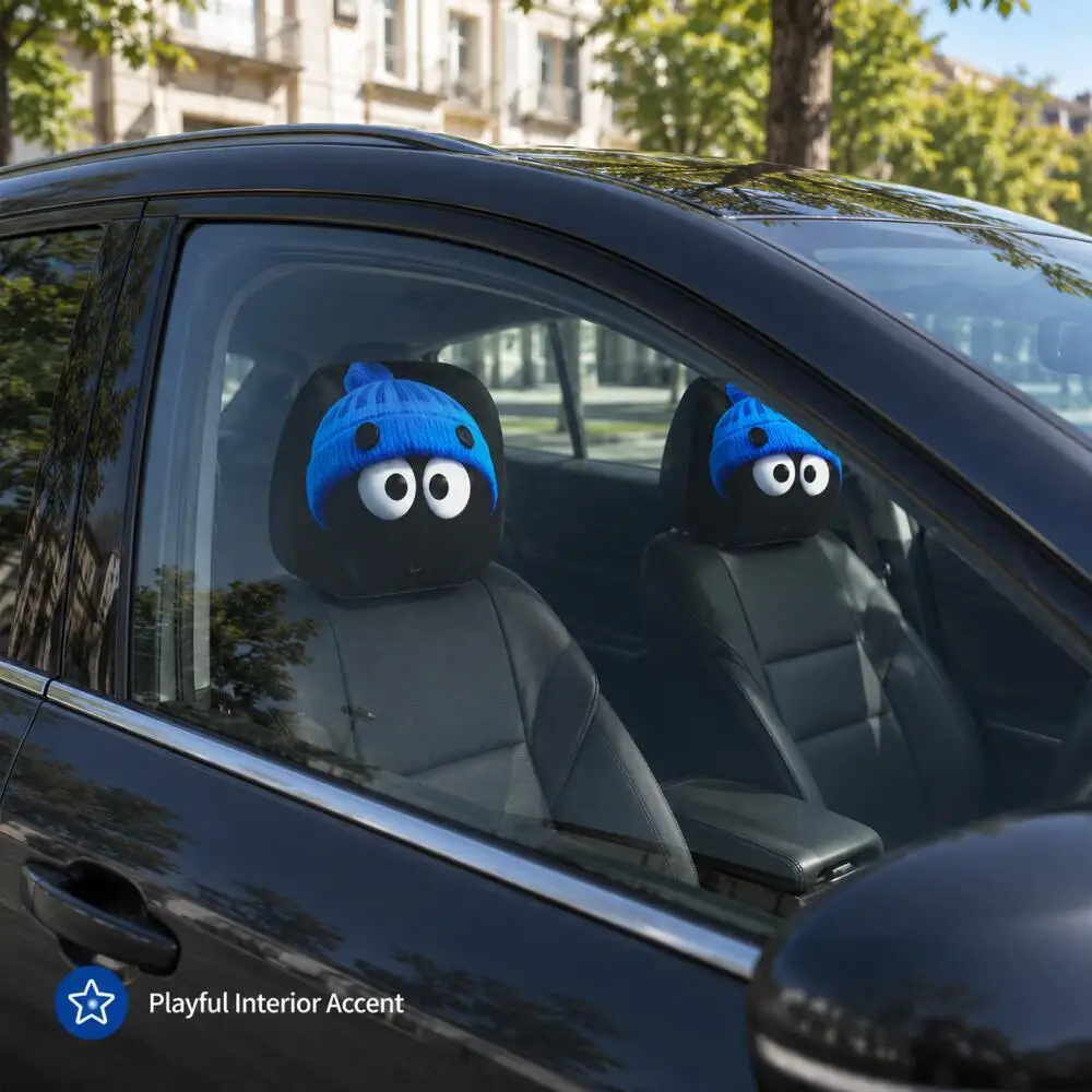 2PCS Blue Beanie Car Headrest Covers 2D Flat Surprised Big Eye Print Black Kawaii Universal Auto Headrest Protectors
