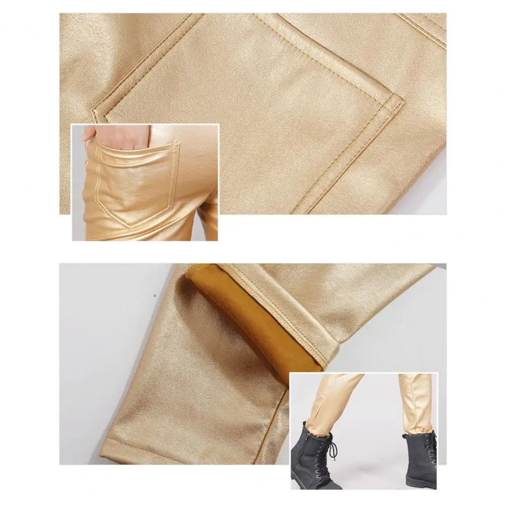 Men Faux Leather Pants Mid Waist Slim Fit Button Zipper Placket Waterproof Hip Hop Streetwear Party Club Performance Trousers